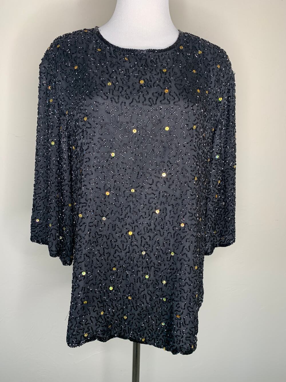 Fully Beaded Silk Formal Blouse Top Sz 1X Black Wedding